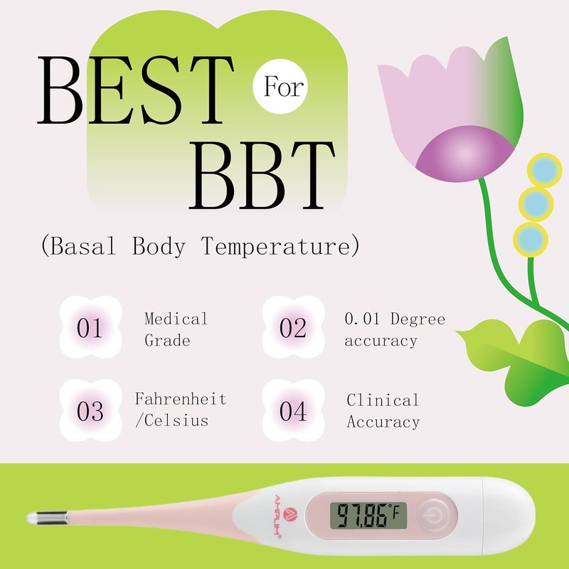 Amplim Digital Basal Thermometer, Medical Grade Accurate BBT for Ovulation Tracking, 1/100th Degree High Precision Fertility Prediction, 60-Sec Read, Memory Recall, Flexible Waterproof Tip – Pink - Image 2